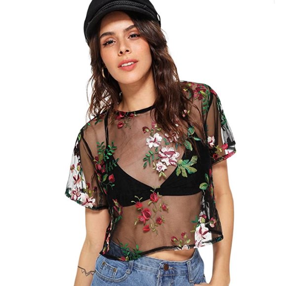 Tops - Black Floral Rose Embroidered Transparent Mesh Short Sleeve Crop Top